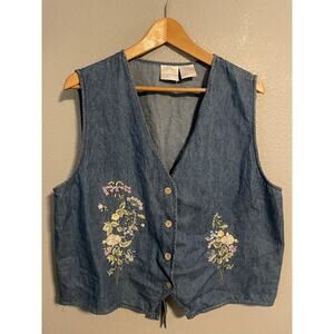 VTG Stonybrook Vest Women Large Blue Denim Floral Embroidered Button Up Boho 90s